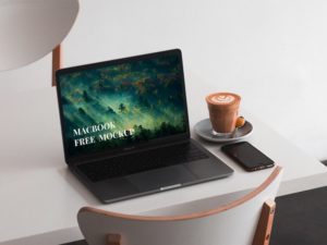 I Macbook on table with iphone and coffe psd