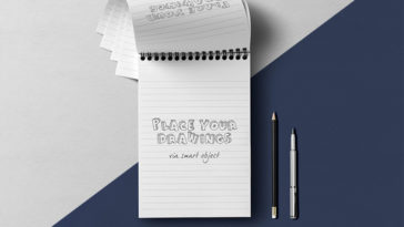 Spiral Notepad Top View with Percil Mockup PSD