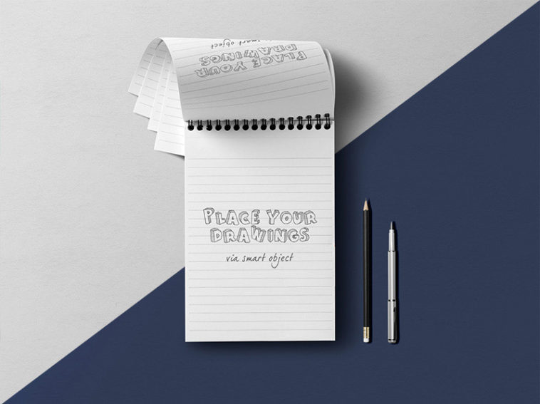 Spiral Notepad Top View with Percil Mockup PSD