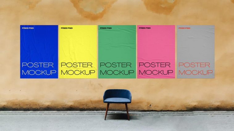 Glued Paper Wall Posters Mockup PSD Collection
