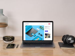 MacBook Pro on wooden Desk Mockup