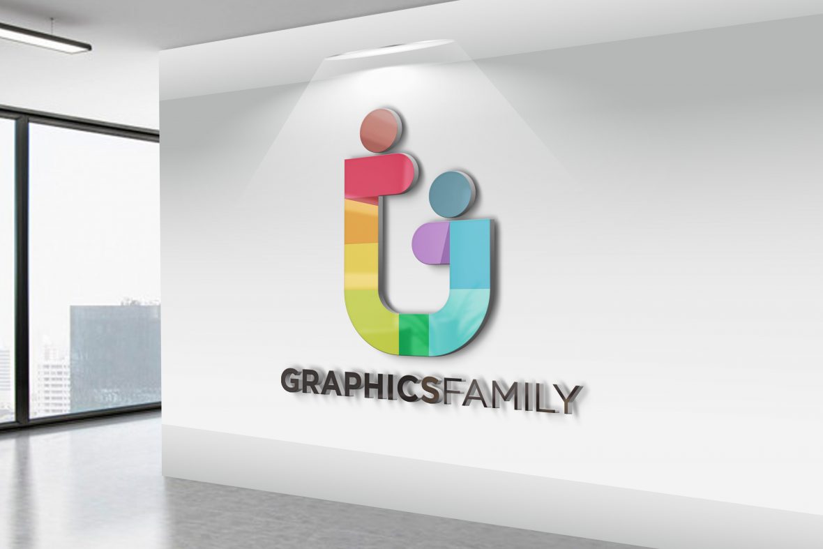 3D logo mockup on black wall office room – GraphicsFamily