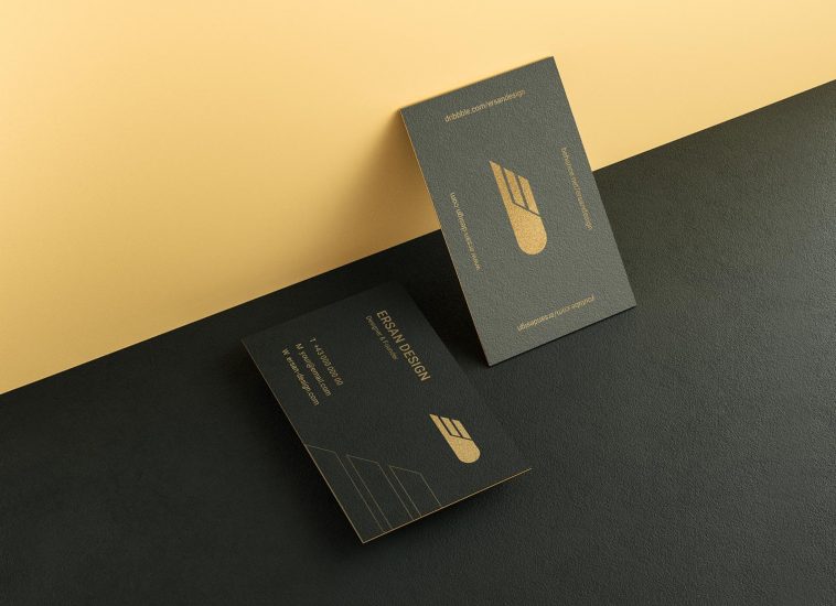 Free Textured Paper Gold Foil Business Card Mockup PSD