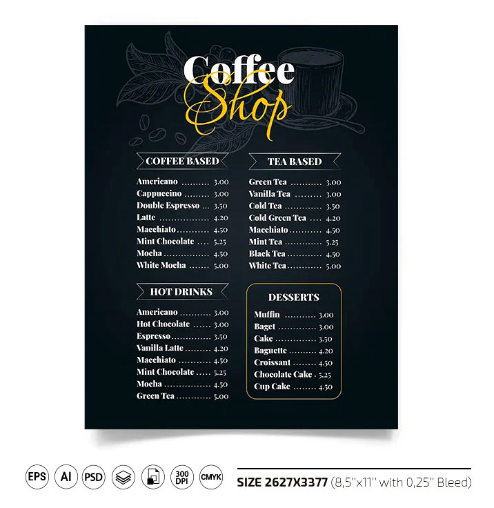 Coffee Shop Menu Card PSD Template