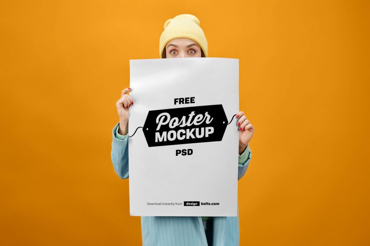 Female Hand Holding Paper Poster Mockup Free PSD