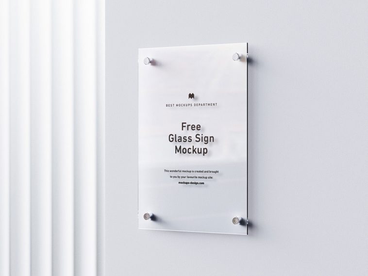 Free Wall Mounted Etched Glass / Acrylic Sign Mockup PSD Set
