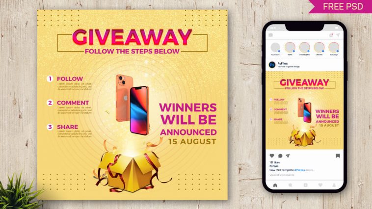 PsFiles iPhone 14 Free Giveaway Social Media Post Design PSD Template