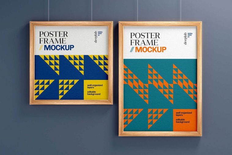 Free Realistic Wood Frame Poster Mockup PSD