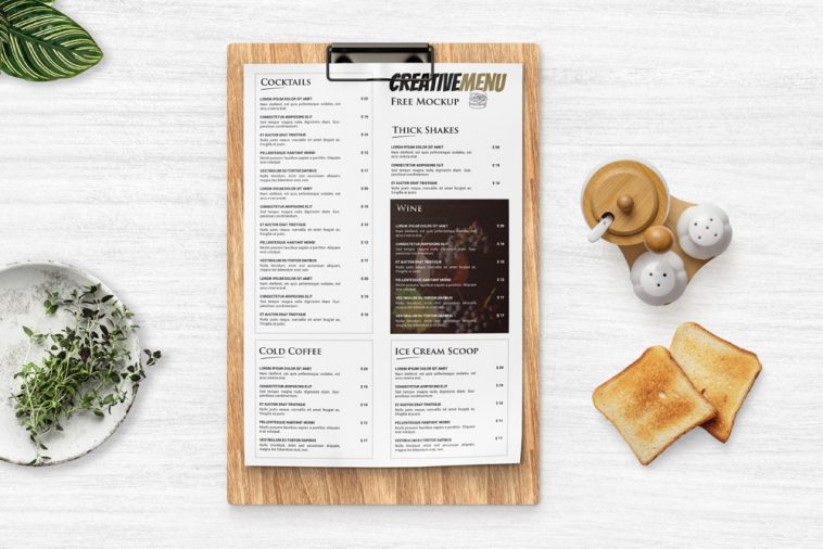 Free Restaurant Menu Clipboard Mockup PSD