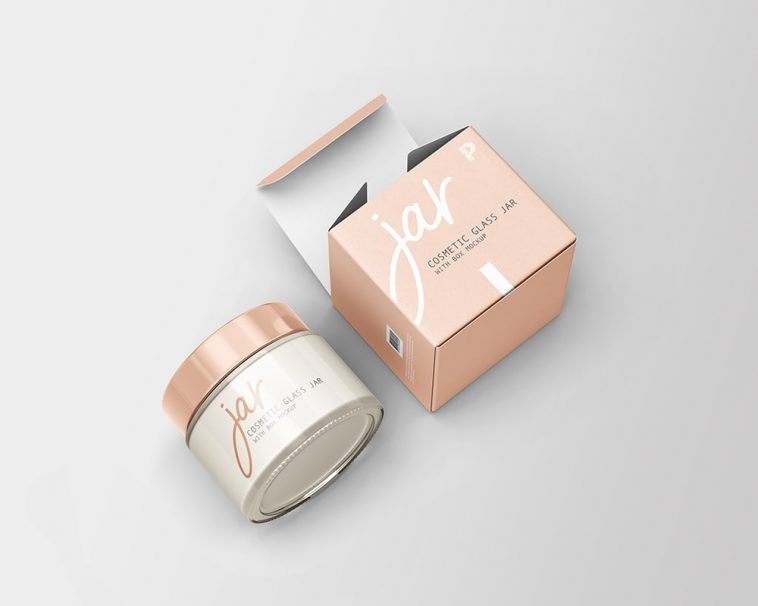 Free Cosmetic Glass Jar with Box Mockup