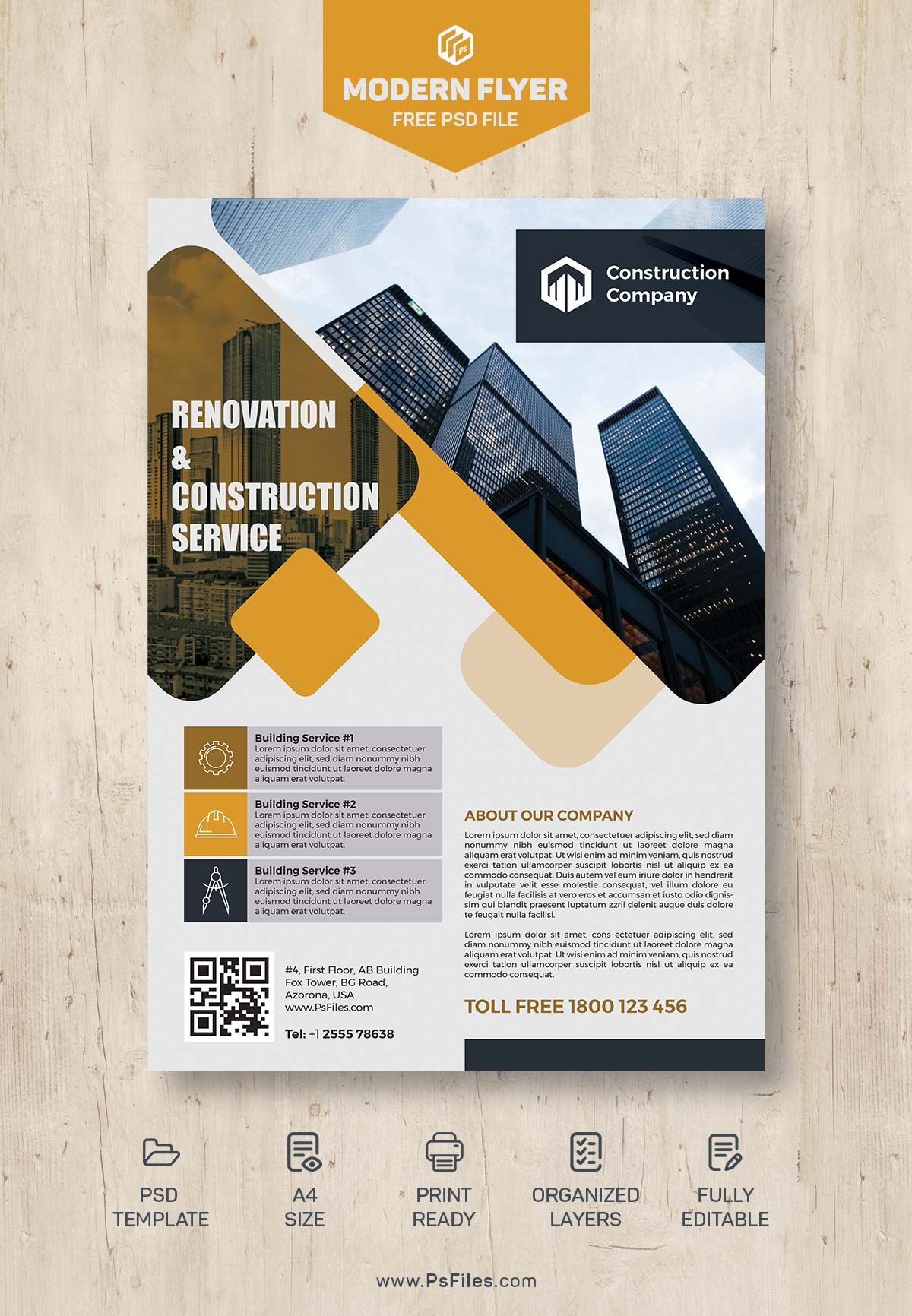 Free Modern Construction Company Flyer PSD Template