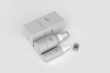 Free Cosmetic Spray Bottle with Packaging Box Mockup PSD