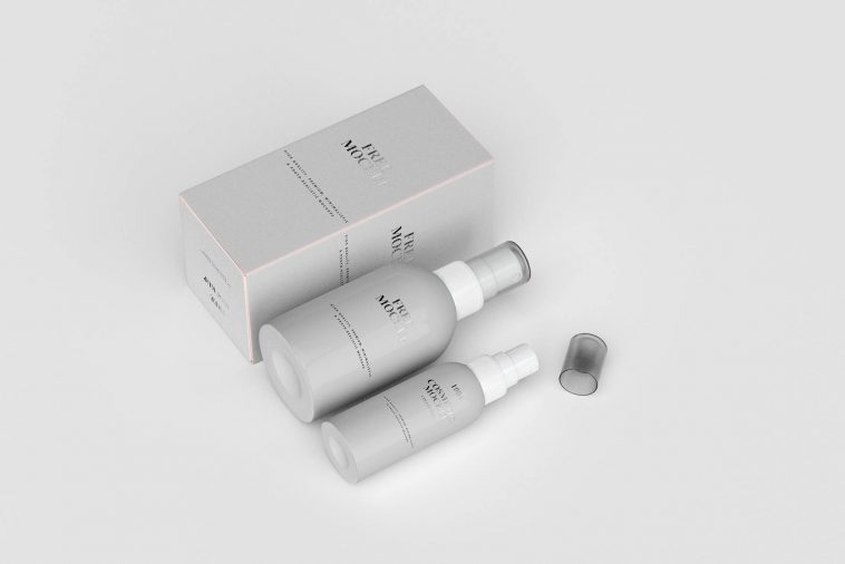Free Cosmetic Spray Bottle with Packaging Box Mockup PSD