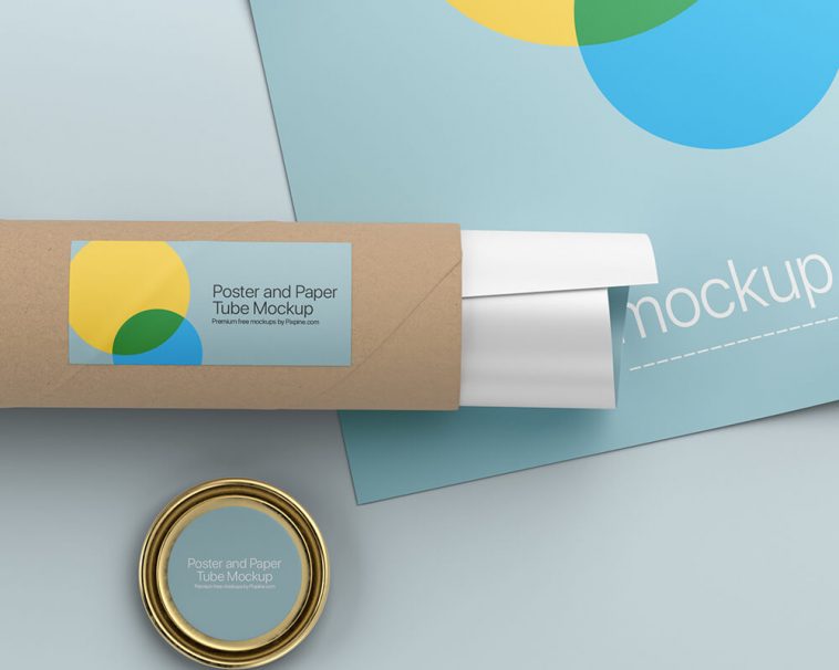 Free Poster with Paper Tube Mockup PSD