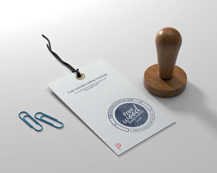 Label Tags Mockup with Wooden Stamp Mockup Free PSD