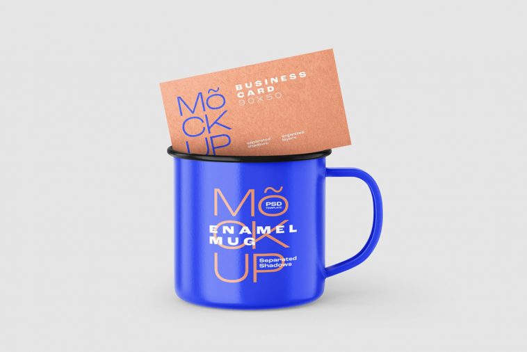 Free Business Card Mockup and Enamel Mug Mockup PSD