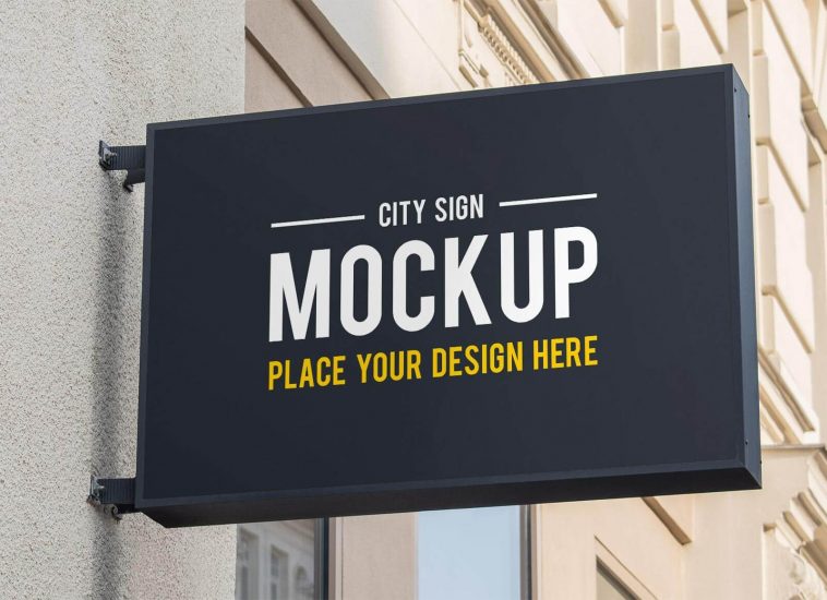 Free Rectangle Wall Mounted Signage Box Mockup PSD