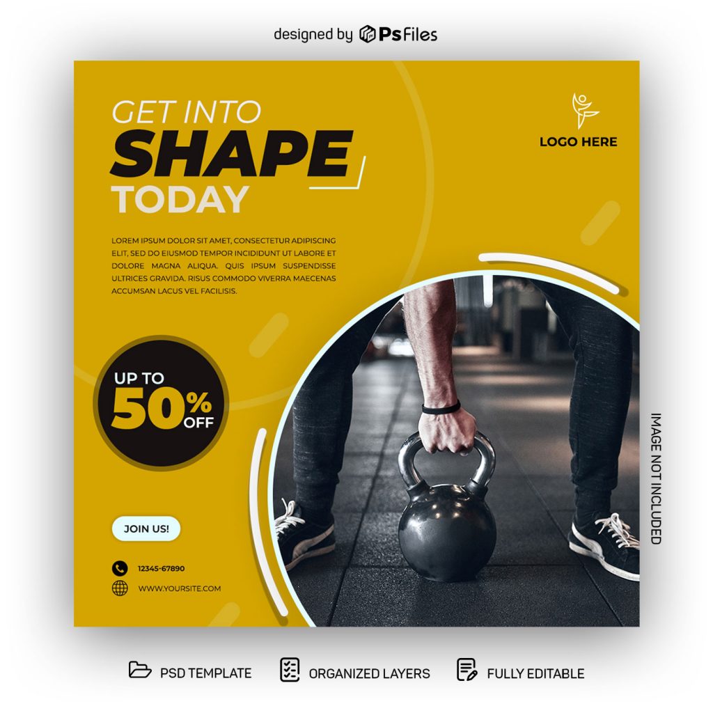 Yellow Color Gym Fitness Centre Instagram Post Design PSD Template
