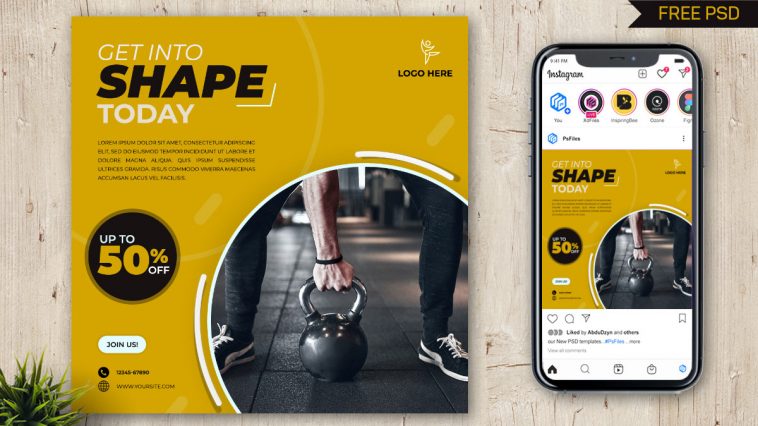 Yellow Color Gym Fitness Centre Instagram Post Design PSD Template