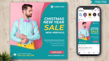 PsFiles Modern Blue and Light Pink Color Free Christmas New Year Fashion Cloth Apparels Offer Sale Social Post Design Template PSD