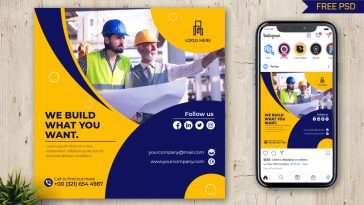 Yellow Blue Construction Company Instagram Post Design Template PSD for FREE