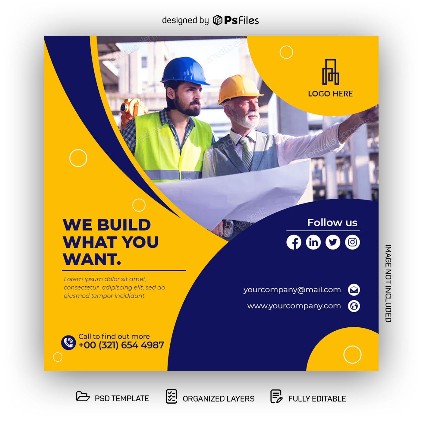 Yellow Blue Construction Company Instagram Post Design Template PSD