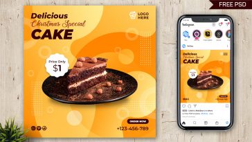 Yellow Color Chocolate Cake and Dessert shop Instagram Post Template PSD