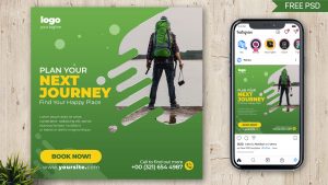 Green Free Tour Travel Agency Social Media Post Design PSD Template