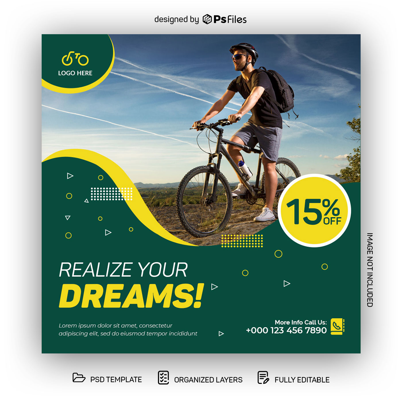 Green Color Cycle store offer sale Post design PSD template for social media pages
