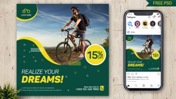 PsFiles Green Color Cycle store offer sale Post design PSD template for social media pages