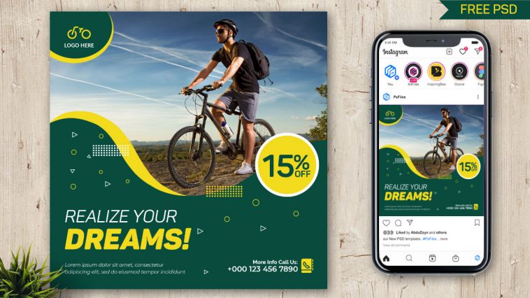 PsFiles Green Color Cycle store offer sale Post design PSD template for social media pages