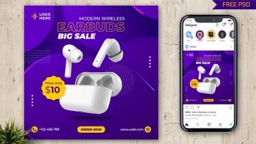 Purple Color Creative Earbuds Big Sale Offer Social Media Post Design PSD Template for Free