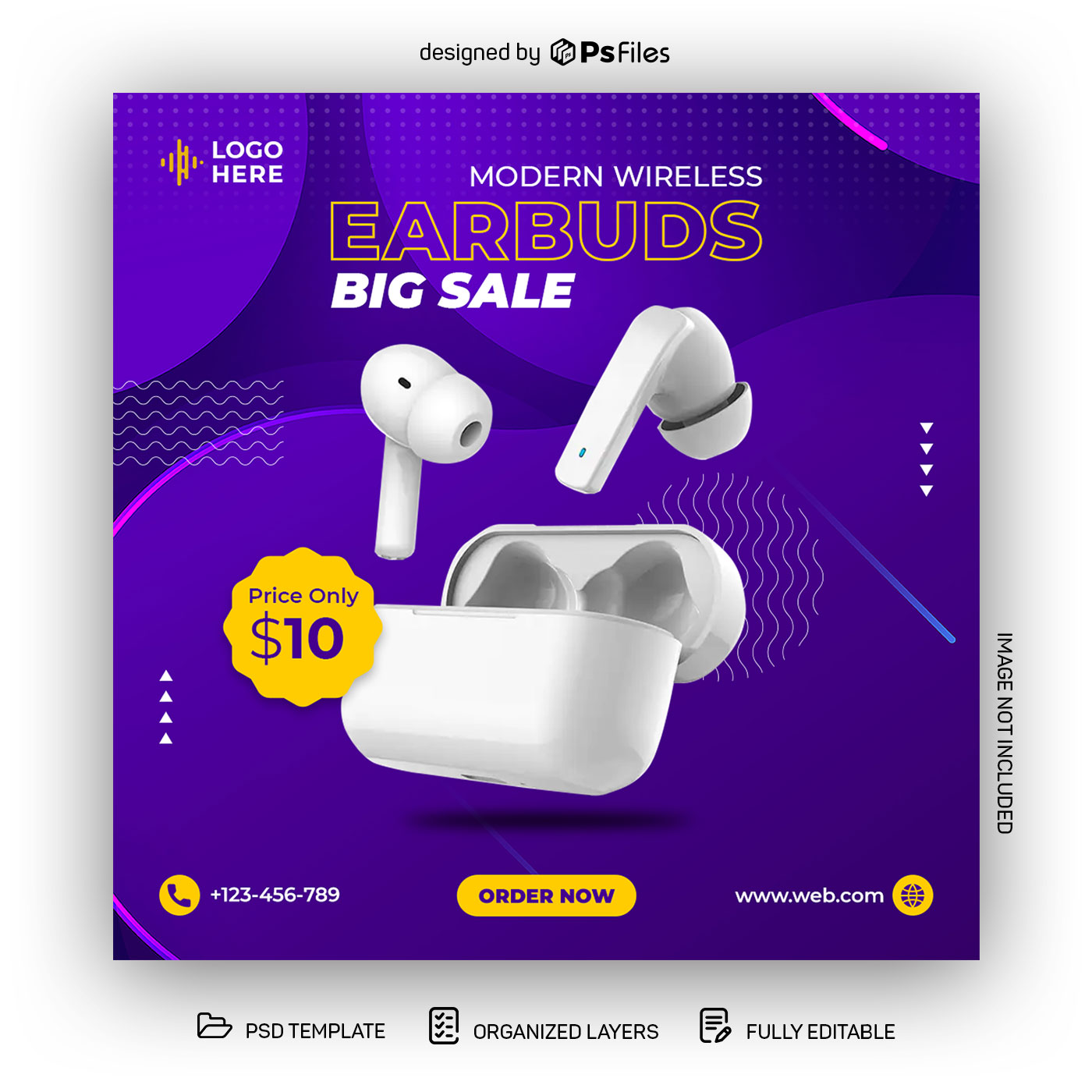 Purple Color Creative Earbuds Big Sale Offer Social Media Post Design PSD Template for Free 