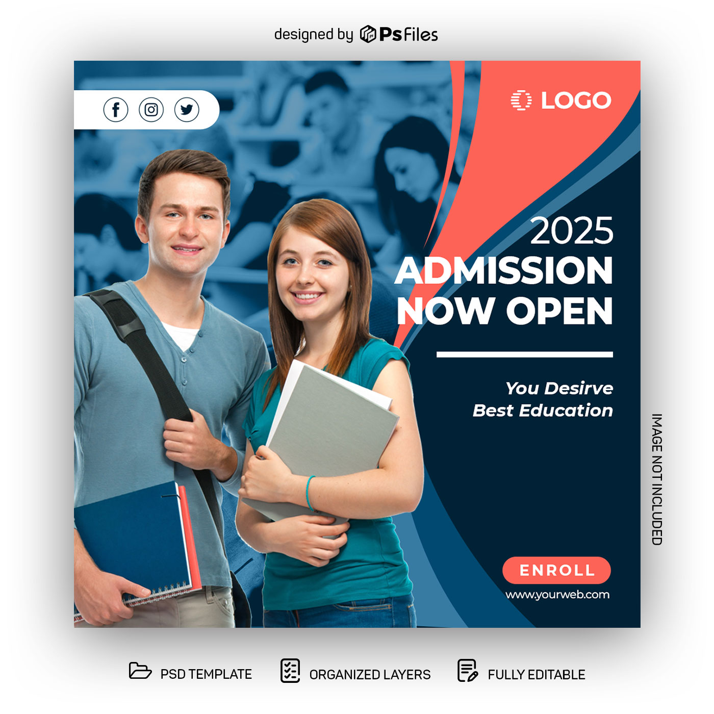 Blue and Neon Red color Social media post design  template for Admission open College and Schools