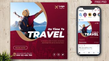 PsFiles Dark red and golden yellow color theme Travel Social Media Post Design PSD Template for free download