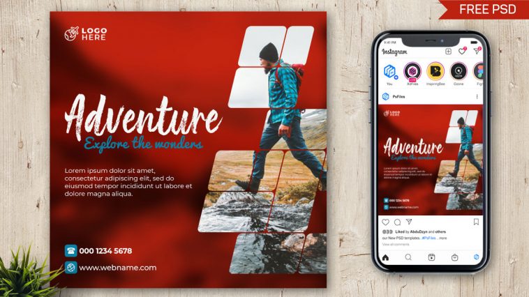 Red color theme Adventure Explore the World Free Travel Social Media Post Design PSD Template