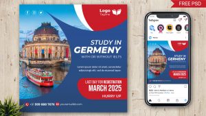 PsFiles Red Dark Blue color Study in German Social Media Post Design PSD template for Free Download