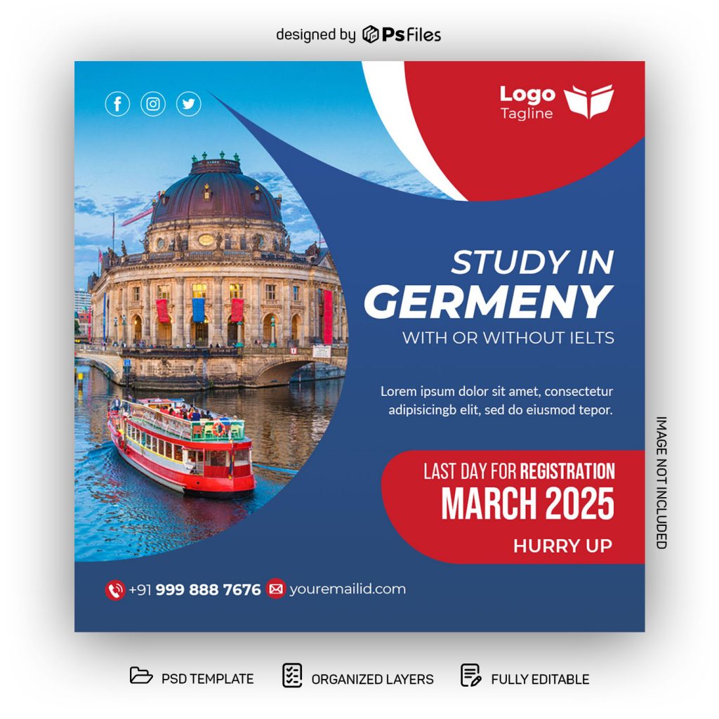 Red Dark Blue color Study in German Social Media Post Design PSD template for Free Download