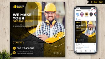 Yellow Black color theme Construction and Home Builder Social media post PSD template 04
