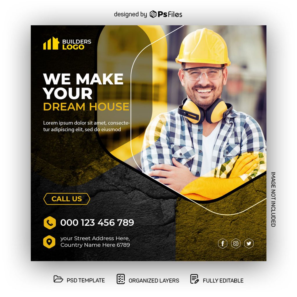 Yellow Black color theme Construction and Home Builder Social media post PSD template 04