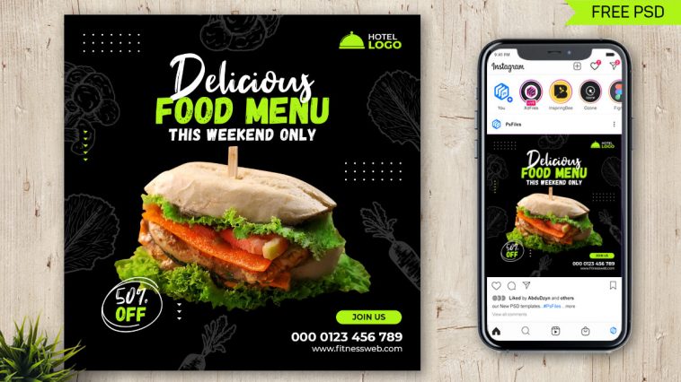 Green and Black color theme Creative and Delicious Fast Food Menu Instagram Post PSD Template for Free