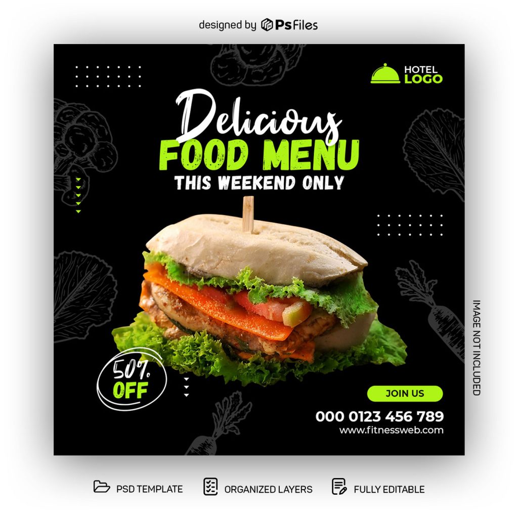 Green and Black color theme Creative and Delicious Fast Food Menu Instagram Post PSD Template for Free