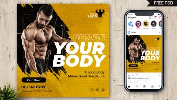 Yellow Black Color Brush Stroke Free Fitness Gym Centre Social Media Post PSD Template