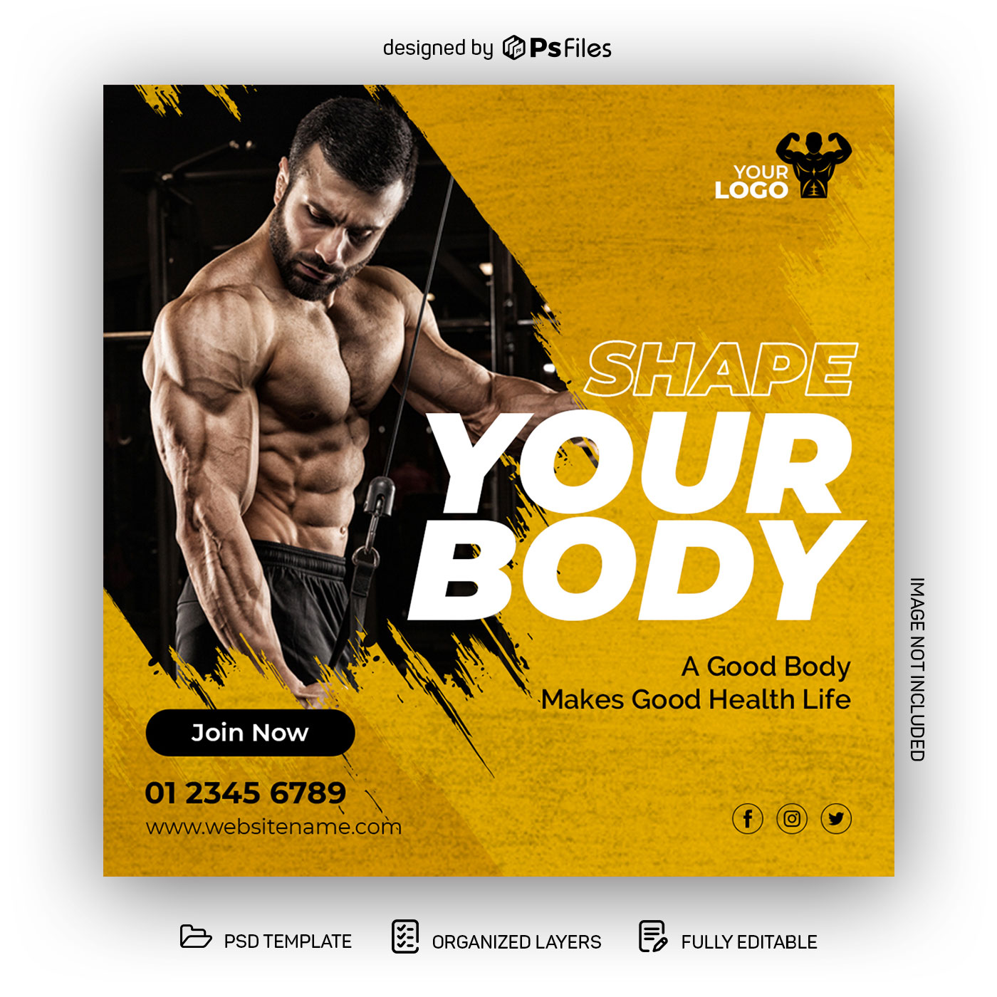 Yellow Black Color Brush Stroke Free Fitness Gym Centre Social Media Post PSD Template
