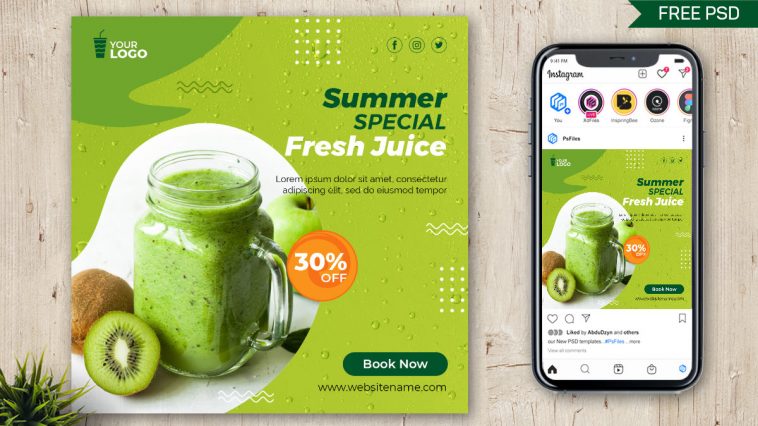 Creative Green Color theme Fresh Juice Social Media Post Design PSD Template