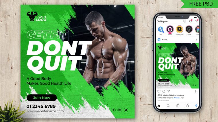 Brush stroke creative green black color Gym Fitness Instagram post PSD template for Free