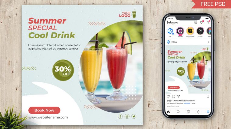 Fresh Juice and Drinks Social Media Post Design PSD Template