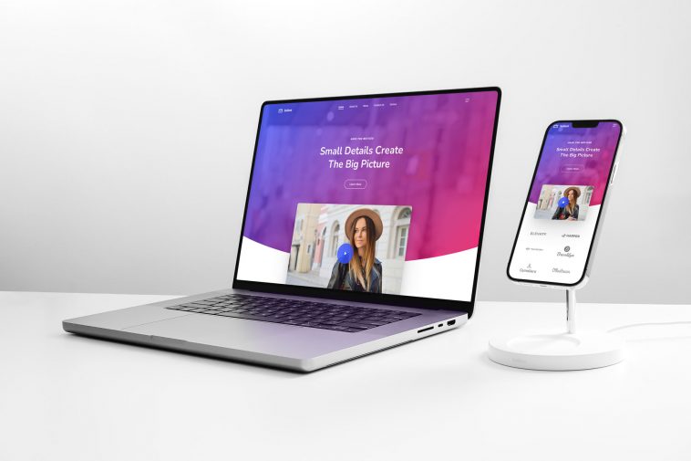 Free MacBook Pro 16 And iPhone 13 Pro Max Responsive Website Mockup PSD