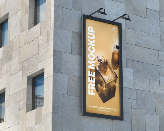 Free Wall Mounted Outdoor Vertical Building Billboard Mockup PSD - PsFiles