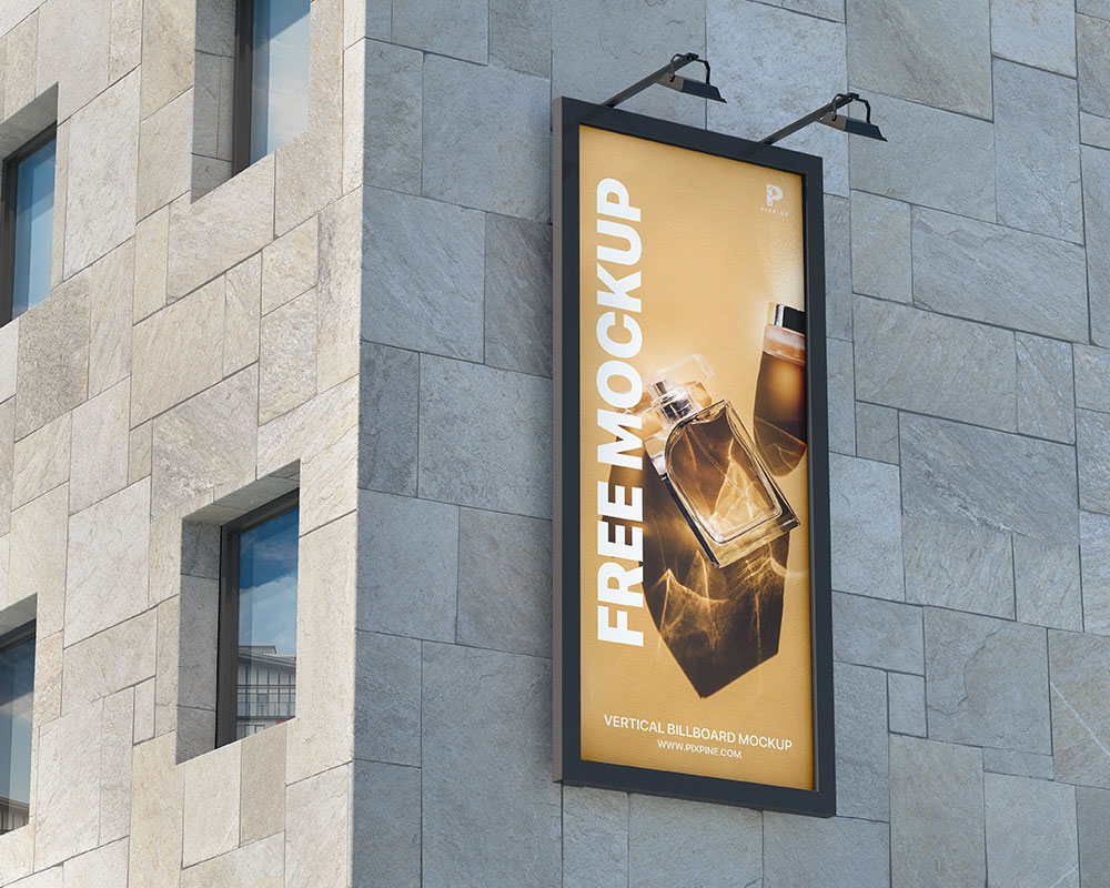 Outdoor Building Wall Vertical Billboard Mockup | Free PSD Templates